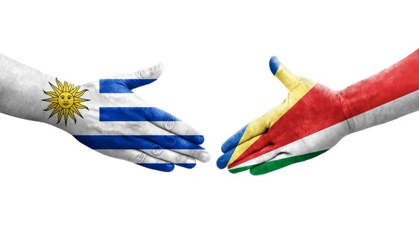 Handshake Seychelles Uruguay Flags Painted Hands Isolated Transparent Image — Stock Photo, Image