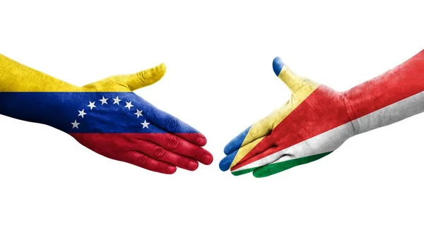 Aperto Mão Entre Seicheles Bandeiras Venezuela Pintadas Mãos Imagem Transparente — Fotografia de Stock