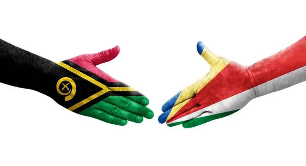 Handdruk Tussen Seychellen Vanuatu Vlaggen Geschilderd Handen Geïsoleerd Transparant Beeld — Stockfoto