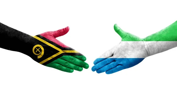 Kézfogás Sierra Leone Vanuatu Zászlók Között Kézre Festve Elszigetelt Átlátszó — Stock Fotó