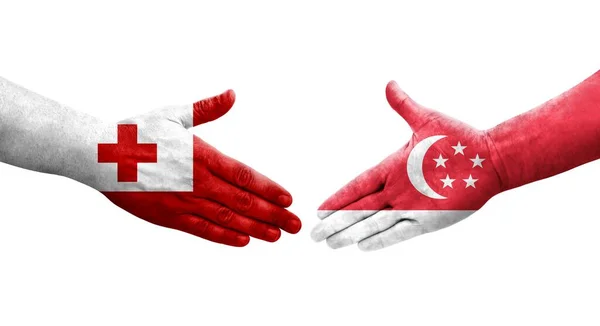 Handshake Singapore Tonga Flags Painted Hands Isolated Transparent Image — Stock Photo, Image