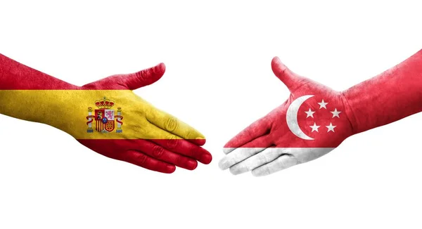 싱가포르와 스페인의 국기가 손으로 그려지면서 이미지를 싱가포르와 스페인의 국기가 악수를 — 스톡 사진