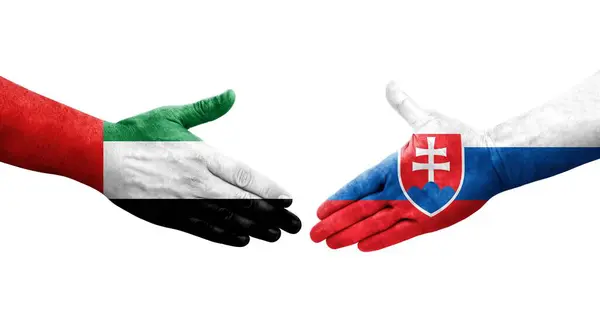 Aperto Mão Entre Eslováquia Bandeiras Dos Eau Pintadas Mãos Imagem — Fotografia de Stock