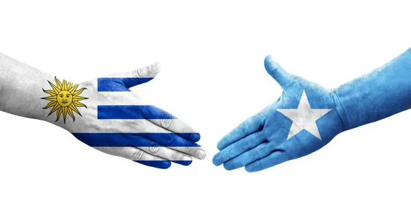Händedruck Zwischen Den Flaggen Somalias Und Uruguays Auf Die Hände — Stockfoto