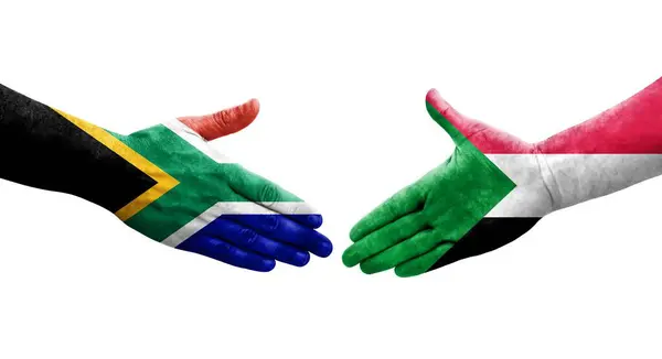 Strângere Mână Între Africa Sud Steagurile Sudanului Pictate Mâini Imagine — Fotografie, imagine de stoc
