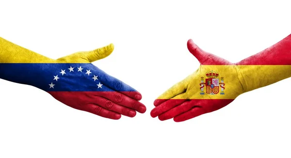 西班牙和委内瑞拉之间握手 手绘国旗 孤立透明的形象 — 图库照片