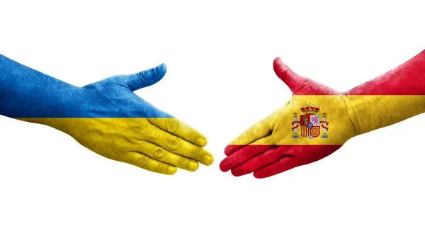Uścisk Dłoni Między Hiszpanią Ukrainą Flagi Malowane Rękach Odizolowany Przezroczysty — Zdjęcie stockowe