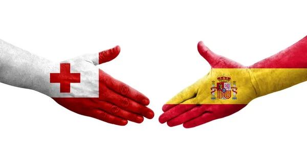 Händedruck Zwischen Spanien Und Tonga Flaggen Auf Hände Gemalt Isoliertes — Stockfoto