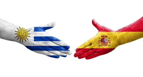 西班牙和乌拉圭之间的握手 手绘国旗 孤立透明的形象 — 图库照片