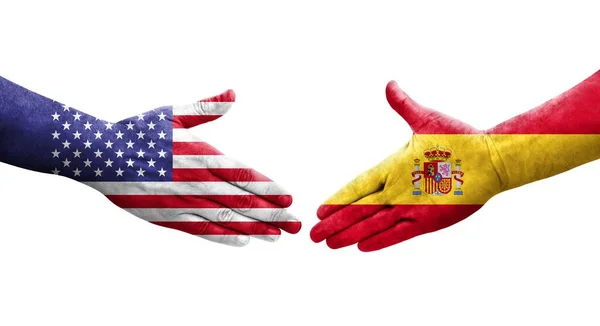 Handshake Spain Usa Flags Painted Hands Isolated Transparent Image — Stock Photo, Image
