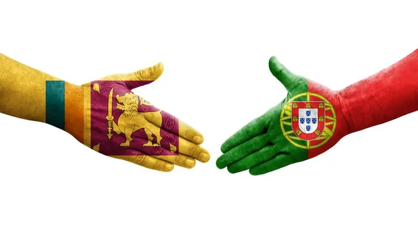Händedruck Zwischen Flaggen Sri Lankas Und Portugals Auf Hände Gemalt — Stockfoto