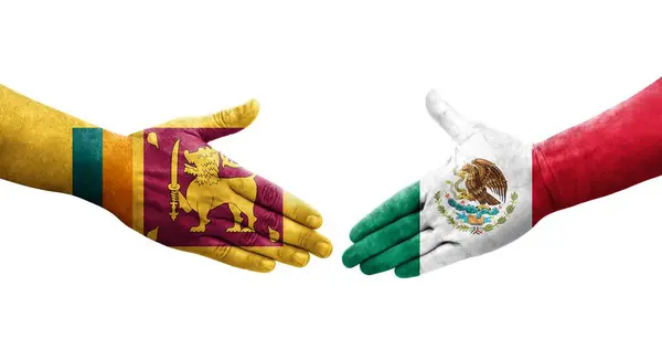 手に描かれたスリランカとメキシコの旗の間の握手 孤立した透明なイメージ — ストック写真