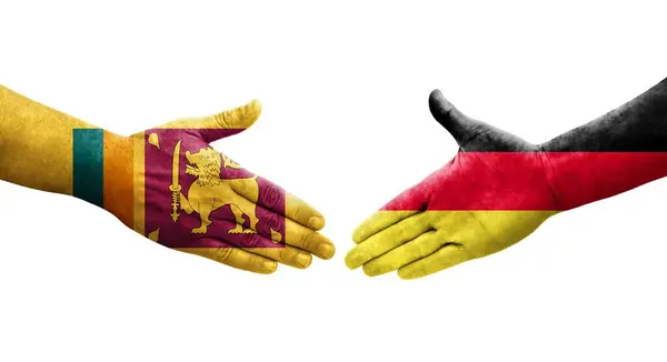 Stretta Mano Tra Sri Lanka Germania Bandiere Dipinte Mani Immagine — Foto Stock