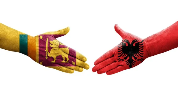 Handdruk Tussen Sri Lanka Albanië Vlaggen Geschilderd Handen Geïsoleerd Transparant — Stockfoto