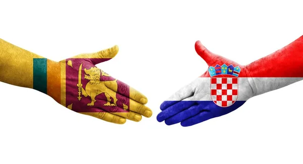 Handslag Mellan Sri Lanka Och Kroatien Flaggor Målade Händer Isolerad — Stockfoto