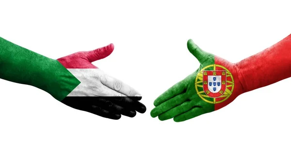 Χειραψία Μεταξύ Σουδάν Και Πορτογαλίας Σημαίες Ζωγραφισμένες Στα Χέρια Απομονωμένη — Φωτογραφία Αρχείου