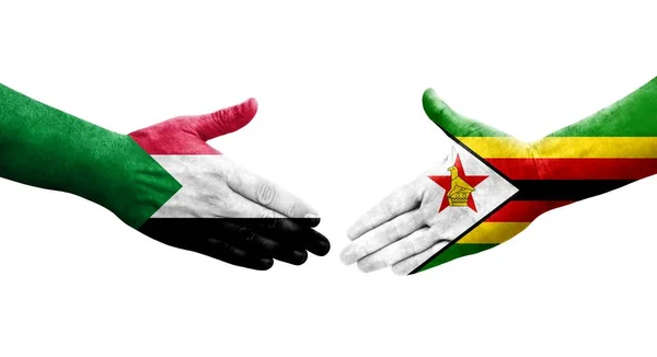 Χειραψία Μεταξύ Σουδάν Και Ζιμπάμπουε Σημαίες Ζωγραφισμένα Στα Χέρια Απομονωμένη — Φωτογραφία Αρχείου