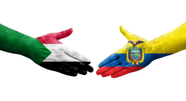Χειραψία Μεταξύ Σουδάν Και Εκουαδόρ Σημαίες Ζωγραφισμένα Στα Χέρια Απομονωμένη — Φωτογραφία Αρχείου