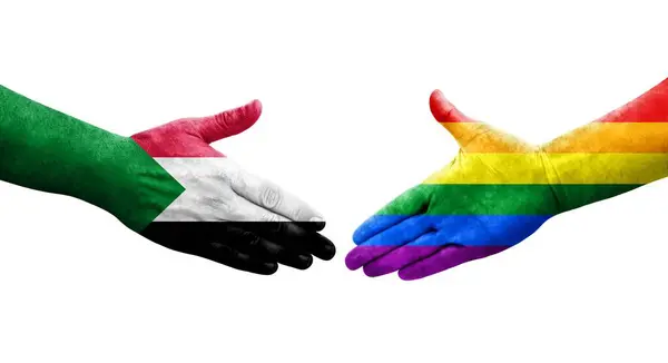 Handdruk Tussen Soedan Lgbt Vlaggen Handen Geschilderd Geïsoleerd Transparant Beeld — Stockfoto