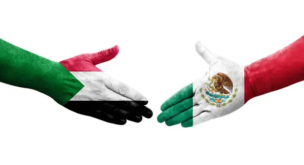 Рукостискання Між Суданським Мексиканським Прапорами Намальоване Руках Ізольоване Прозоре Зображення — стокове фото