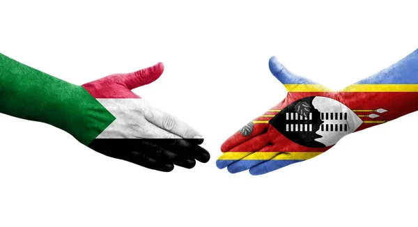 Рукостискання Між Прапорами Судану Свазіленду Намальоване Руках Ізольоване Прозоре Зображення — стокове фото