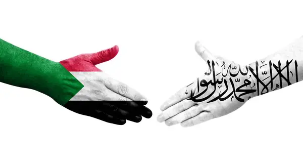 Händedruck Zwischen Sudanesischen Und Afghanischen Flaggen Auf Hände Gemaltes Isoliertes — Stockfoto