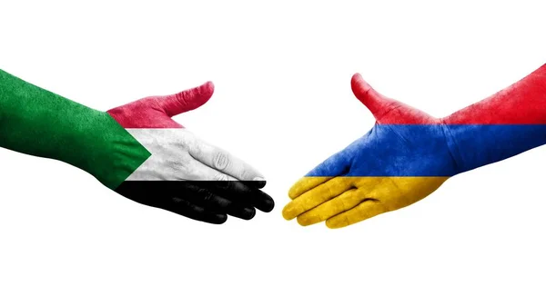 Рукопожатие Между Флагом Судана Армении Нарисованное Руках Изолированное Прозрачное Изображение — стоковое фото