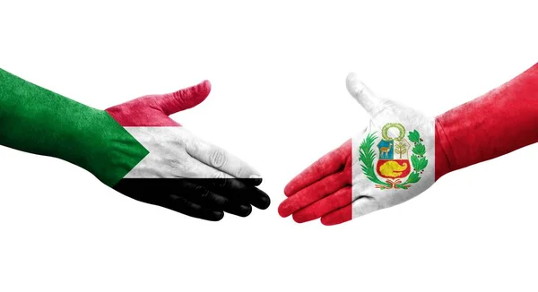 Händedruck Zwischen Sudanesischen Und Peruanischen Flaggen Auf Hände Gemalt Isoliertes — Stockfoto