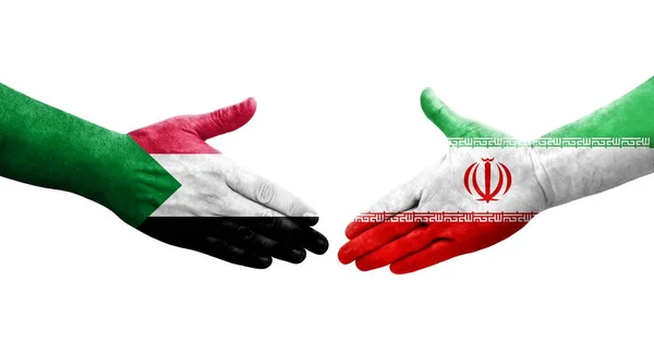 Poignée Main Entre Soudan Iran Drapeaux Peints Sur Les Mains — Photo