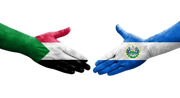 Χειραψία Μεταξύ Σουδάν Και Σαλβαδόρ Σημαίες Ζωγραφισμένα Στα Χέρια Απομονωμένη — Φωτογραφία Αρχείου