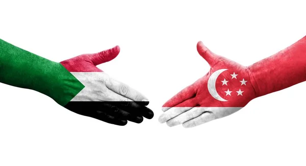 Рукопожатие Между Суданскими Сингапурскими Флагами Нарисованное Руках Изолированное Прозрачное Изображение — стоковое фото