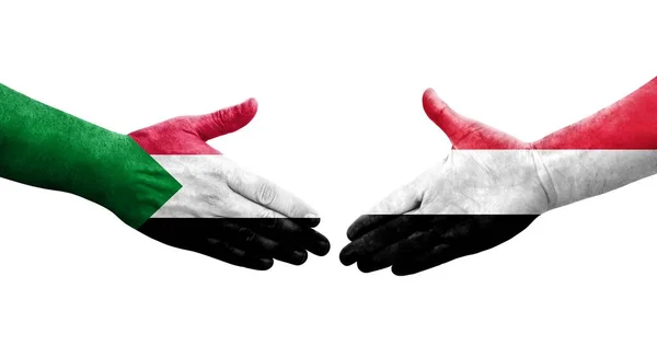 Stretta Mano Tra Sudan Yemen Bandiere Dipinte Mani Isolata Immagine — Foto Stock