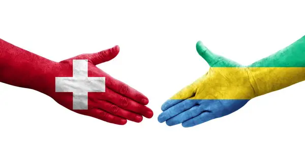 Poignée Main Entre Suisse Gabon Drapeaux Peints Sur Les Mains — Photo