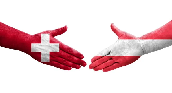 Apretón Manos Entre Suiza Austria Banderas Pintadas Las Manos Imagen —  Fotos de Stock