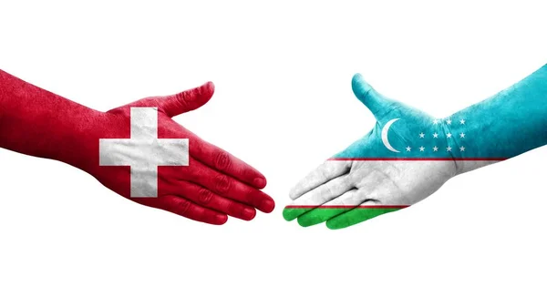 Poignée Main Entre Suisse Ouzbékistan Drapeaux Peints Sur Les Mains — Photo