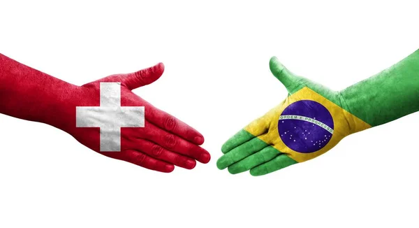 Poignée Main Entre Suisse Brésil Drapeaux Peints Sur Les Mains — Photo