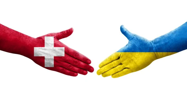 Apretón Manos Entre Suiza Ucrania Banderas Pintadas Las Manos Imagen —  Fotos de Stock