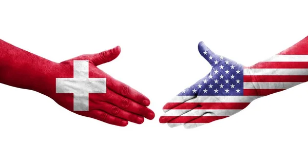 Uścisk Dłoni Między Szwajcarią Usa Flagi Malowane Rękach Odizolowany Przezroczysty — Zdjęcie stockowe