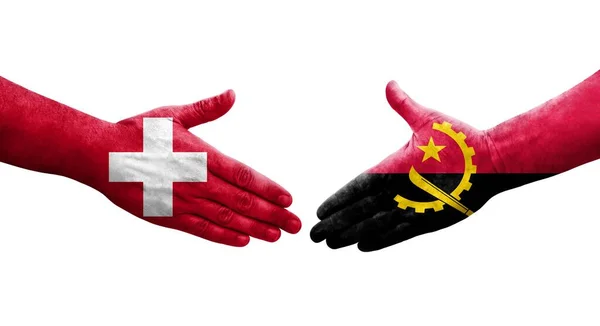 Uścisk Dłoni Między Szwajcarią Angolą Flagi Malowane Rękach Odizolowany Przezroczysty — Zdjęcie stockowe