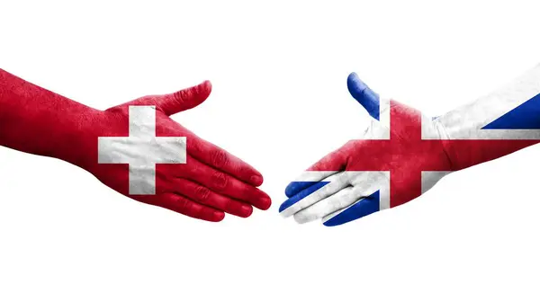 瑞士和英国之间的握手手绘国旗 孤立透明的形象 — 图库照片