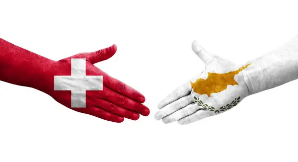 Poignée Main Entre Suisse Chypre Drapeaux Peints Sur Les Mains — Photo