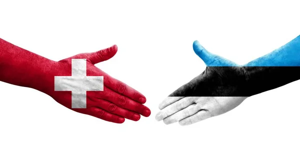 Uścisk Dłoni Między Szwajcarią Estonią Flagi Malowane Rękach Odizolowany Przezroczysty — Zdjęcie stockowe