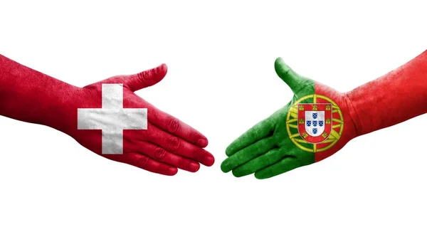 Stretta Mano Tra Svizzera Portogallo Bandiere Dipinte Mano Immagine Isolata — Foto Stock