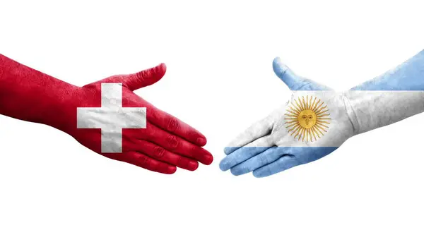 Uścisk Dłoni Między Szwajcarią Argentyną Flagi Malowane Rękach Odizolowany Przezroczysty — Zdjęcie stockowe