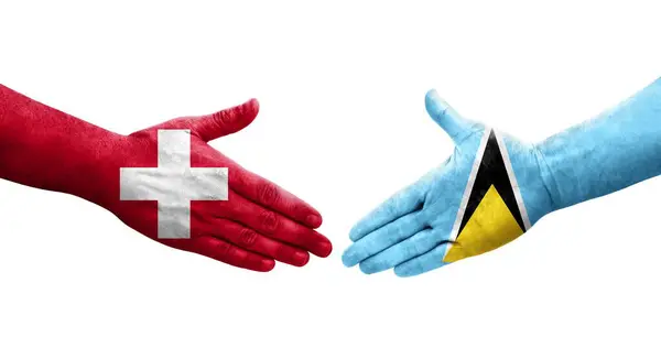 Potřesení Rukou Mezi Švýcarskem Vlajkami Svaté Lucie Namalovanými Rukou Izolovaný — Stock fotografie