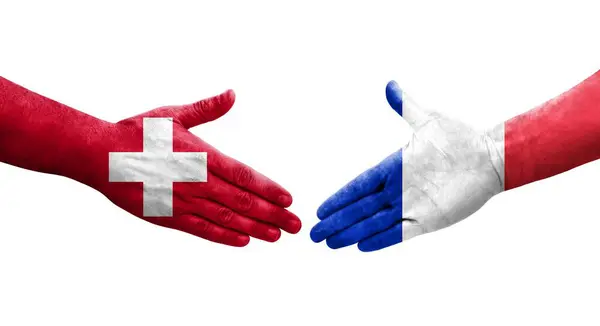 Poignée Main Entre Suisse France Drapeaux Peints Sur Les Mains — Photo