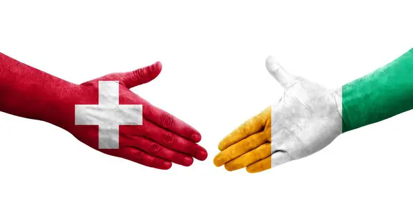Apretón Manos Entre Suiza Costa Marfil Banderas Pintadas Las Manos —  Fotos de Stock