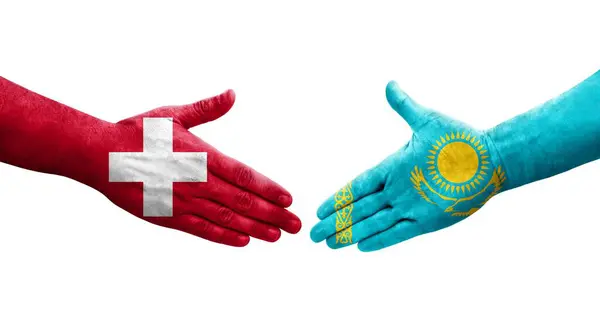 Apretón Manos Entre Suiza Kazajstán Banderas Pintadas Las Manos Imagen —  Fotos de Stock