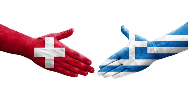 Apretón Manos Entre Suiza Grecia Banderas Pintadas Las Manos Imagen —  Fotos de Stock