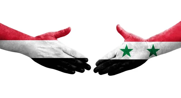 Handslag Mellan Syrien Och Jemen Flaggor Målade Händer Isolerad Transparent — Stockfoto